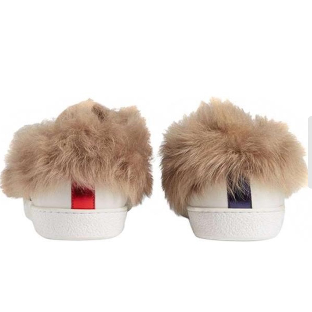Gucci White Sneakers with Brown Fur and Red Stripe - Picture 3 of 6